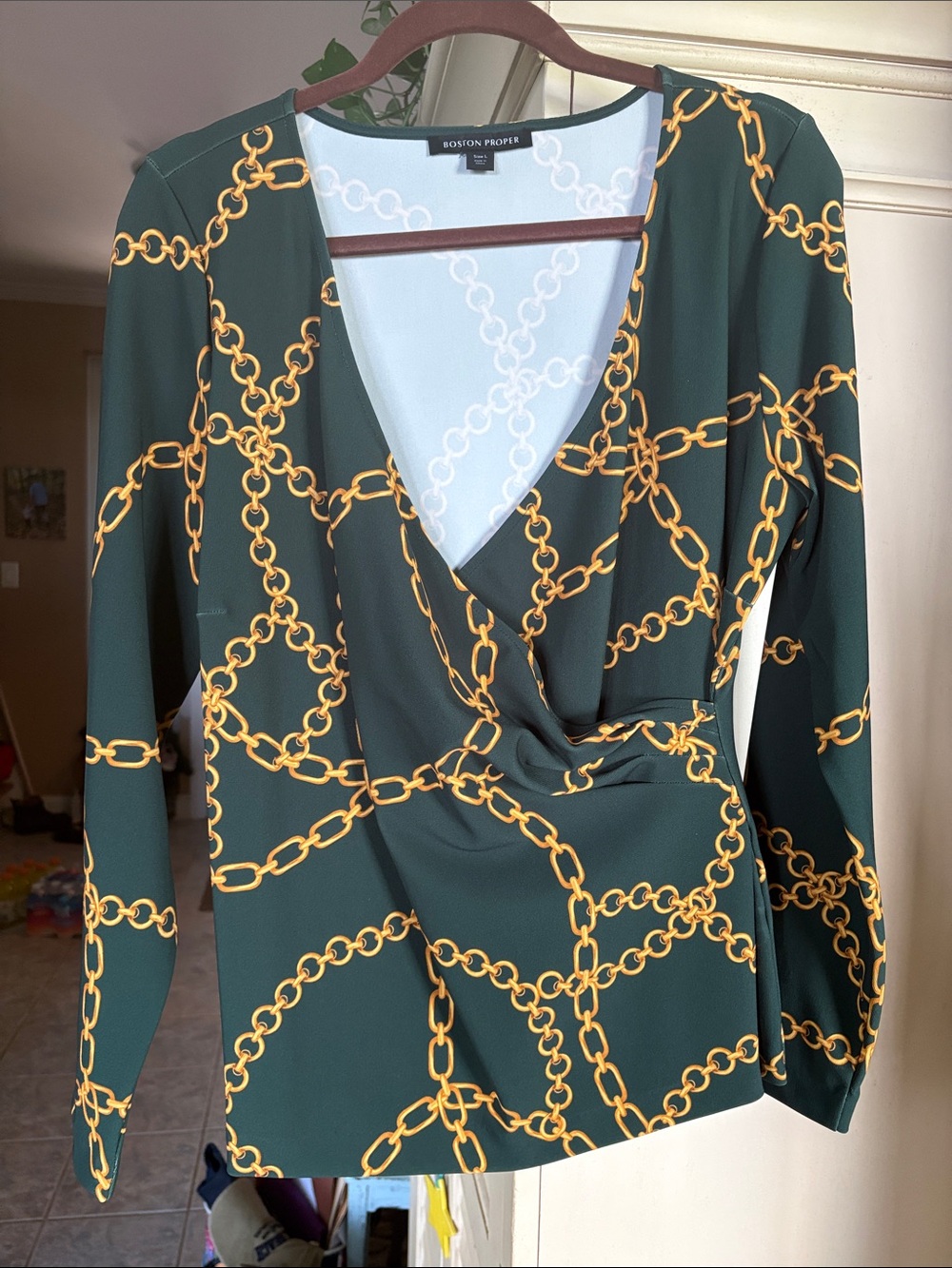 Never Worn Beyond Travel Boston Proper Dark Green Chain-Print Faux Wrap Blouse